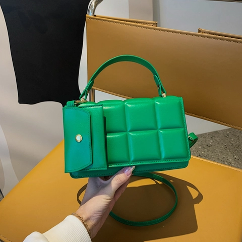 Retro Quilted Padded PU Leather Square Shoulder Bag For Women Solid Color Crossbody Handbag With Mini Pouch Gold Hardware Fashion Bag