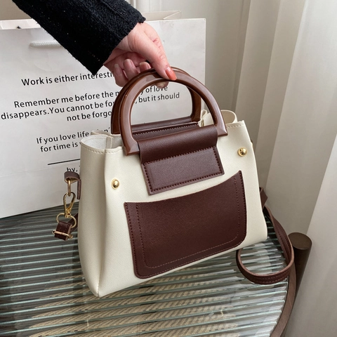Sac à Bandoulière Rétro en Cuir PU pour Femmes Vintage Color Block Petit Sac à Main Carré Avec Poignée Aspect Bois