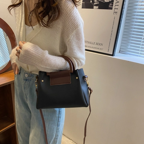 Sac à Bandoulière Rétro en Cuir PU pour Femmes Vintage Color Block Petit Sac à Main Carré Avec Poignée Aspect Bois