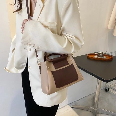 Sac à Bandoulière Vintage en Cuir PU pour Femmes Design Patchwork Petit Sac Carré avec Poignée Anneau Sac à Main Bureau