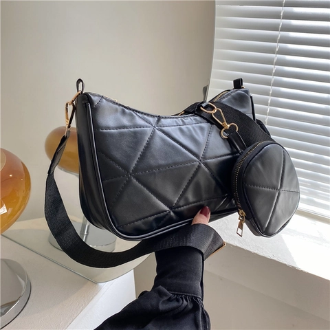 Borsa A Spalla Trapuntata Da Donna E Mini Pochette Rotonda Pelle PU Tracolla Larga Borsa Hobo Retro Moda