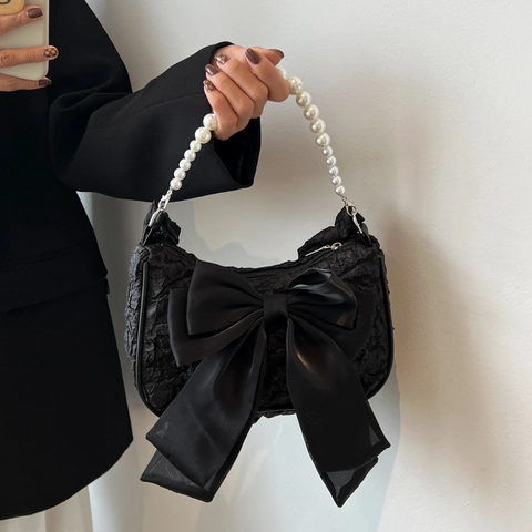 Borsa a Spalla Sottobraccio Pieghettata da Donna Con Grande Fiocco in Raso Catena Manico in Perla Artificial Sintetica Elegante Borsa Retro