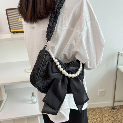 Borsa a Spalla Sottobraccio Pieghettata da Donna Con Grande Fiocco in Raso Catena Manico in Perla Artificial Sintetica Elegante Borsa Retro