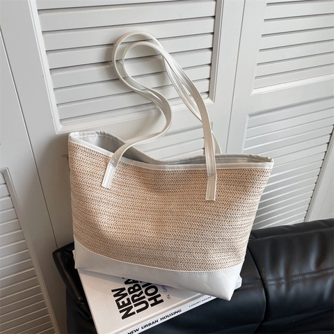 Borsa Tote in Paglia Intrecciata a Grande Capacità Donna Estate Con Cuciture in Pelle PU a Contrasto Borsa a Tracolla Casual per Vacanza al Mare