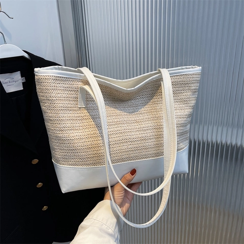 Borsa Tote in Paglia Intrecciata a Grande Capacità Donna Estate Con Cuciture in Pelle PU a Contrasto Borsa a Tracolla Casual per Vacanza al Mare