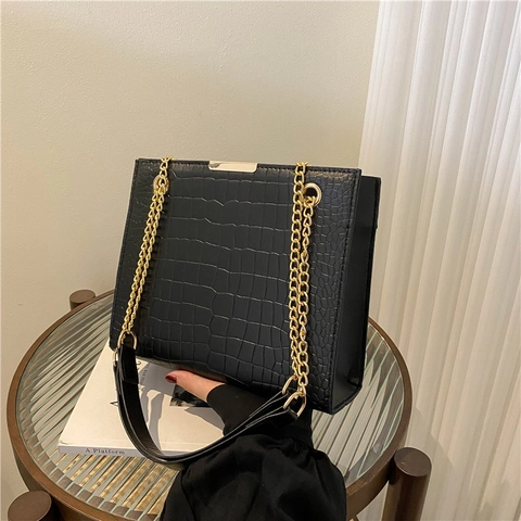 Sac À Épaule En Cuir PU Motif Crocodile Avec Chaîne Dorée Sac À Main Carré Rétro Mode Pour Femmes