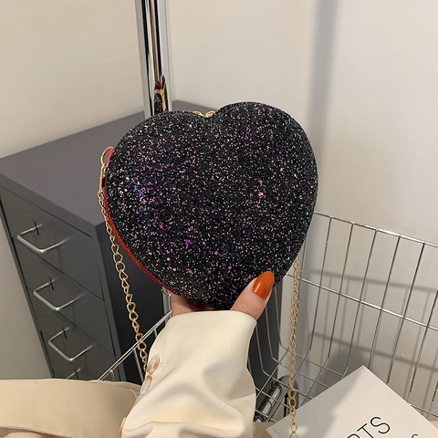 Bolso de Bandolera para Mujer con Forma de Corazón de Lentejuelas Glitter Cuero PU Mini Bolso con Cadena de Oro para Fiesta