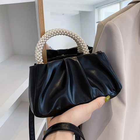 Women Pleated Cloud Crossbody Bag PU Leather Ruched Handbag With Faux Artificial Pearl Handle Elegant Retro Small Shoulder Bag