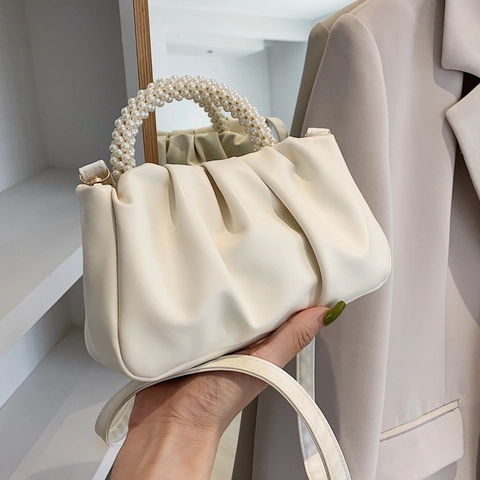 Women Pleated Cloud Crossbody Bag PU Leather Ruched Handbag With Faux Artificial Pearl Handle Elegant Retro Small Shoulder Bag