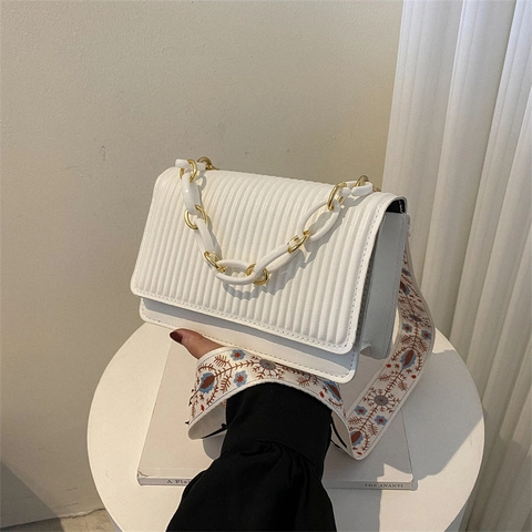 Women Pleated Shoulder Bag Retro PU Leather Crossbody Bag With Embroidery Strap And Resin Chain Handle Fashion Square Bag