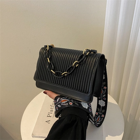 Women Pleated Shoulder Bag Retro PU Leather Crossbody Bag With Embroidery Strap And Resin Chain Handle Fashion Square Bag