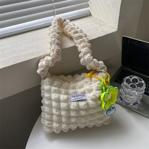 Popcorn Fabric Underarm Shoulder Bag Ruched Bubble Texture Cloud Handbag With Flower Pendant Chic Casual For Women