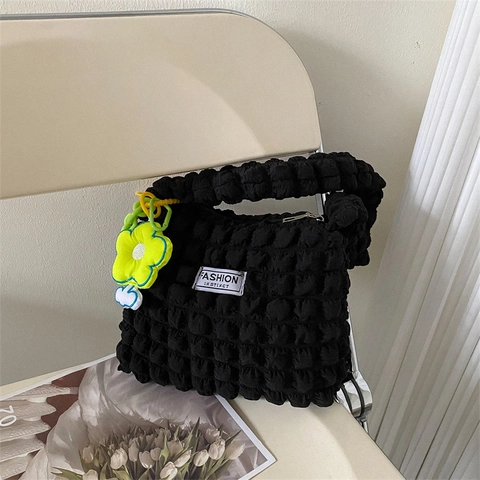 Popcorn Fabric Underarm Shoulder Bag Ruched Bubble Texture Cloud Handbag With Flower Pendant Chic Casual For Women