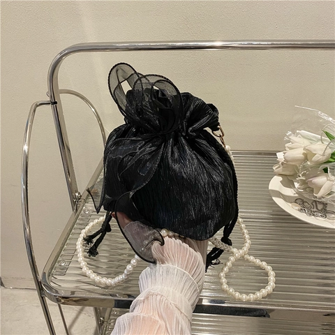 Sac à Épaule Plissé à Cordon pour Femmes Avec Nœud en Organza Élégante Bandoulière en Künstliche Perles d'Imitation Petit Sac Seau pour Fête Mariage Soirée