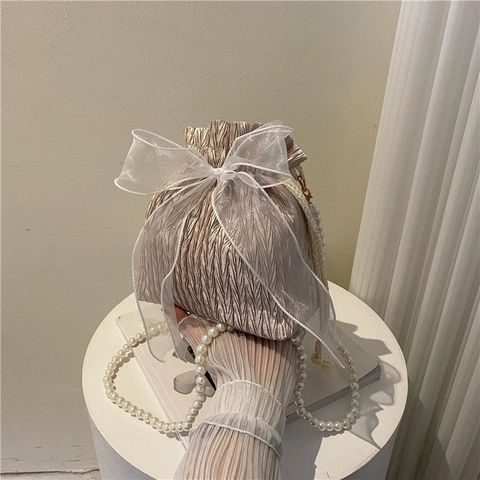 Sac à Épaule Plissé à Cordon pour Femmes Avec Nœud en Organza Élégante Bandoulière en Künstliche Perles d'Imitation Petit Sac Seau pour Fête Mariage Soirée