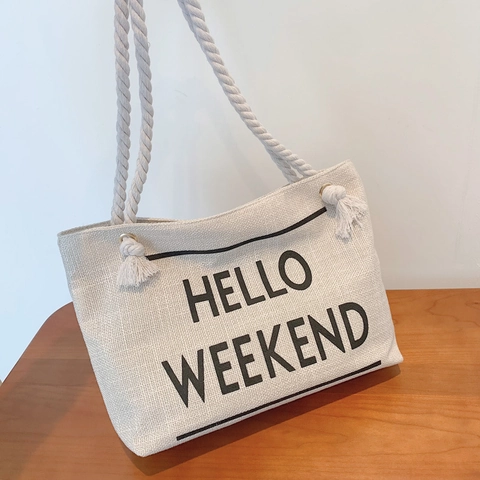 Borsa Tote In Tela Con Stampa Lettere Hello Weekend Grande Capacità Borsa A Spalla Casual Con Manici In Corda Di Cotone Nappina