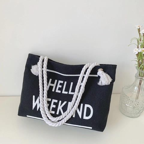 Borsa Tote In Tela Con Stampa Lettere Hello Weekend Grande Capacità Borsa A Spalla Casual Con Manici In Corda Di Cotone Nappina