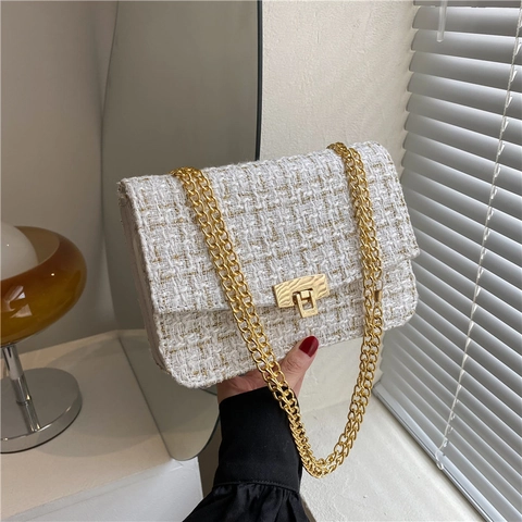 Tweed Woven Shoulder Bag Gold Chain Strap Metal Lock Retro Elegant Crossbody Small Square Flap Handbag For Women