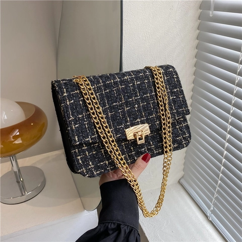 Tweed Woven Shoulder Bag Gold Chain Strap Metal Lock Retro Elegant Crossbody Small Square Flap Handbag For Women