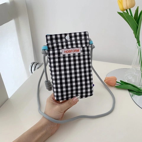 Damen Canvas Gingham Handytasche Mini Umhängetasche Mit Dickem Seilgurt Vintage Lässig Kleine Quadratische Modetasche