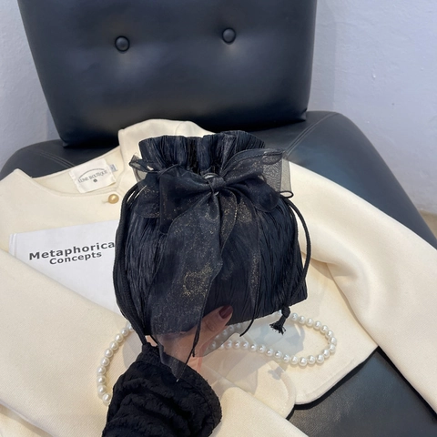 Bolso Cubo para Mujer de Nylon Plisado Con Cordón Cadena de Perlas Artificiales Lazo de Organza Bolso de Hombro Elegante para Fiesta