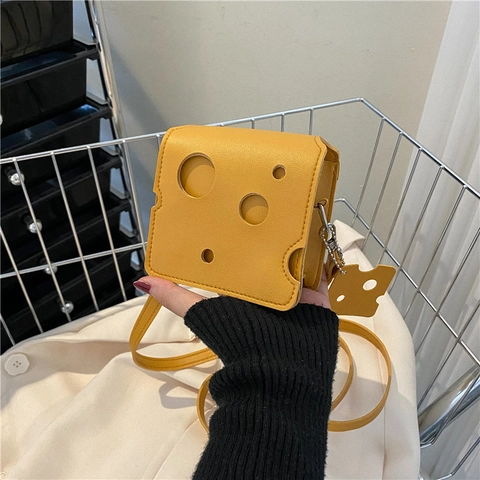 Women Creative Cheese Shape Shoulder Bag Novelty PU Leather Mini Crossbody Bag Hollow Out Square Triangle Bag Yellow