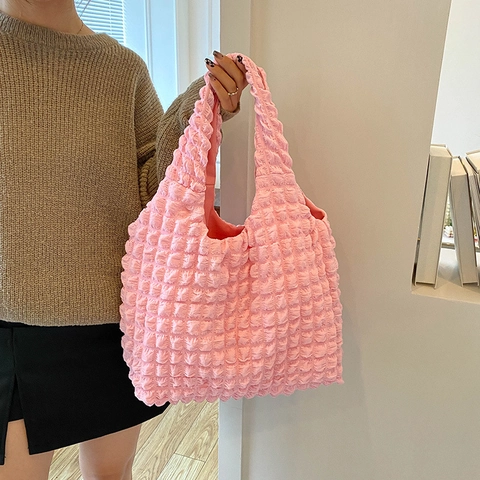 Tote Bag Popcorn Texture Canvas Large Capacity Underarm Shoulder Purse Korean INS Sweet Girly Pleated Bubble Fabric Soft