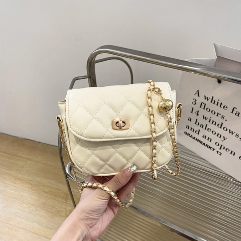 Women Quilted Saddle Bag Gold Ball Adjustable Chain PU Leather Crossbody Bag Turn Lock Small Square Shoulder Bag