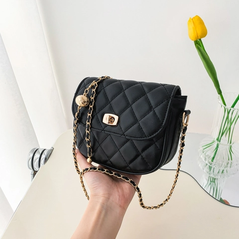 Women Quilted Saddle Bag Gold Ball Adjustable Chain PU Leather Crossbody Bag Turn Lock Small Square Shoulder Bag
