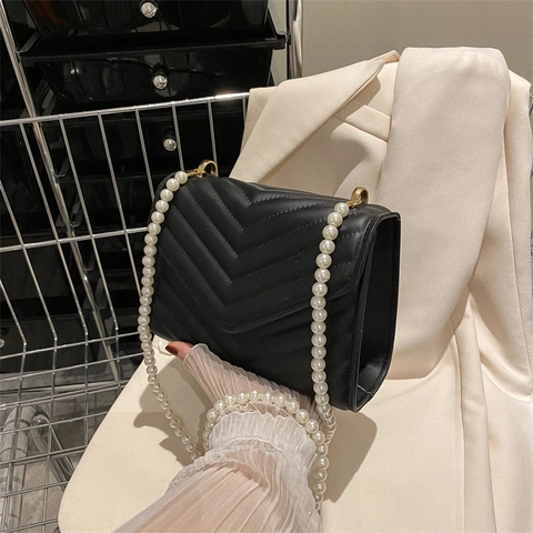 Women Fashion PU Leather V-Quilted Shoulder Bag With Elegant Artificial Pearl Chain Strap Small Square Crossbody Messenger Bag