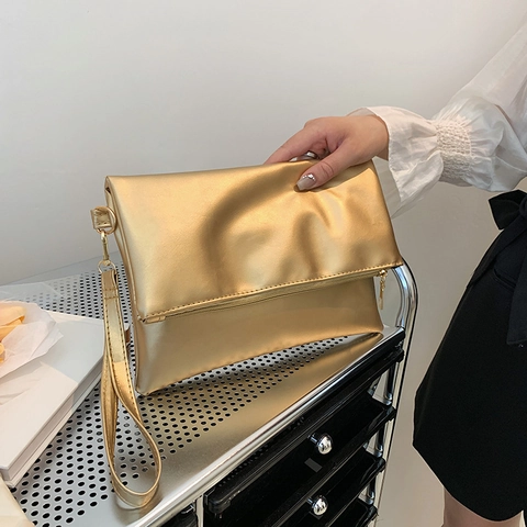 Women Fashion PU Leather Clutch Bag Solid Color Envelope Handbag With Wristlet Strap Folding Zipper Wallet Bag For Daily Party