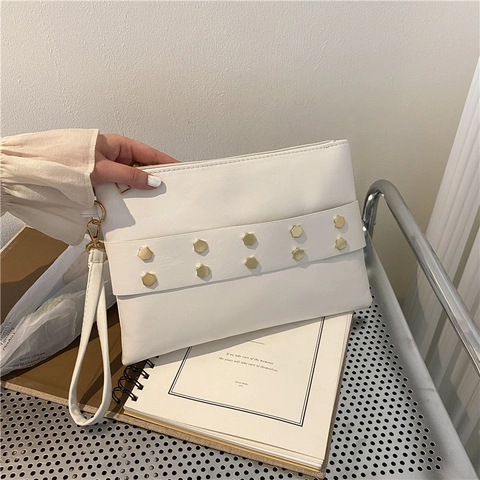 Pochette A Busta Da Donna In Pelle PU Chic Borchie Esagonali Dorate Cerniera Cinturino Da Polso Tendenza Minimalista