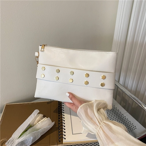 Pochette A Busta Da Donna In Pelle PU Chic Borchie Esagonali Dorate Cerniera Cinturino Da Polso Tendenza Minimalista