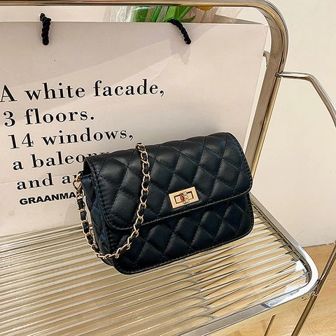 Quilted Diamond Lattice PU Leather Crossbody Bag For Women Chic Chain Shoulder Small Square Flap Bag With Rotary Lock
