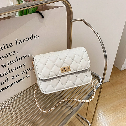 Quilted Diamond Lattice PU Leather Crossbody Bag For Women Chic Chain Shoulder Small Square Flap Bag With Rotary Lock