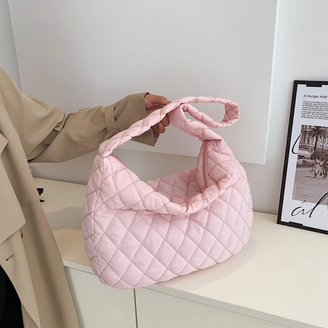 Borsa a Spalla in Nylon Trapuntato Donna Grande Capacità Motivo a Rombi Borsa Hobo Casual Leggera Borsa Tote per Lavoro
