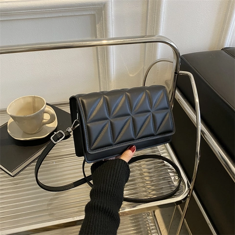 Bolso de Hombro para Mujer Minimalista Acolchado de Triángulos Cuero PU Bolso Bandolera Pequeño Cuadrado con Correa Ajustable