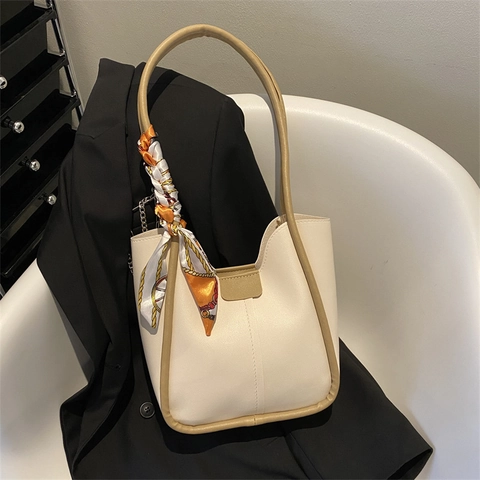 Women Minimalist PU Leather Tote Bag With Satin Scarf Decoration Elegant Solid Color Shoulder Bag For Commuting Daily Wear
