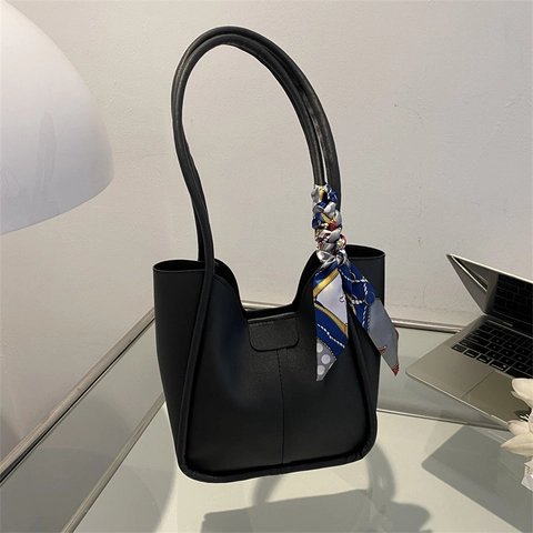 Women Minimalist PU Leather Tote Bag With Satin Scarf Decoration Elegant Solid Color Shoulder Bag For Commuting Daily Wear