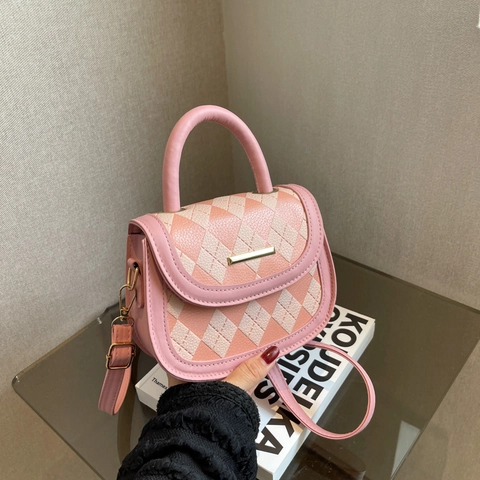 Borsa a Sella da Donna alla Moda in Pelle PU con Motivo a Rombi con Manico Superiore Decorazioni in Metallo Dorato Tracolla