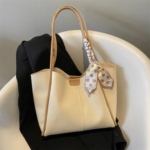 Damen Große Kapazität PU Leder Tote Bag Mit Satin Schal Dekor Retro Commuter Schultertasche Elegante Damen Handtasche