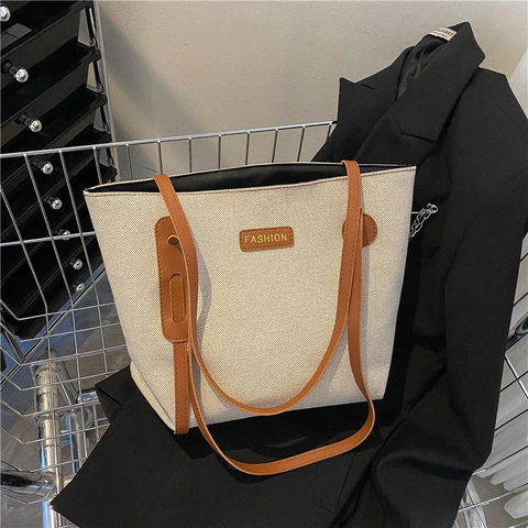 Borsa Tote in Tela da Donna a Grande Capacità Borsa a Spalla Casual da Pendolare Con Tracolla in Pelle PU e Patch a Lettere