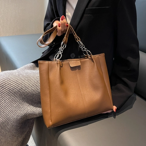 Bolso Tote de Mujer Gran Capacidad de Cuero PU Costura Minimalista Color Sólido Bolso de Hombro Con Cadena de Metal Bolso de Diario