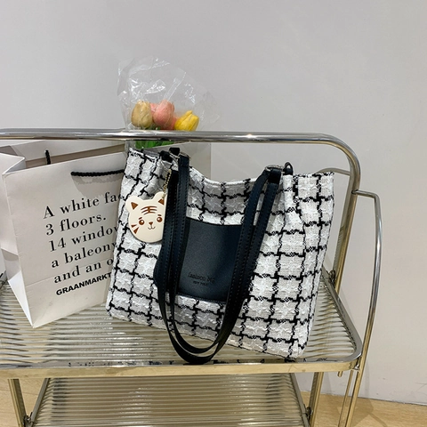 Borsa Tote da Donna a Quadretti in Tela Tweed a Grande Capacità Borsa a Tracolla Con Pendente Cartoon Fashion Bag New York Print