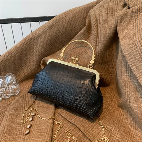 Vintage Women Crocodile Pattern Frame Bag Metal Handle Gold Kiss Lock Shoulder Bag Chain Strap Retro PU Leather Handbag Party