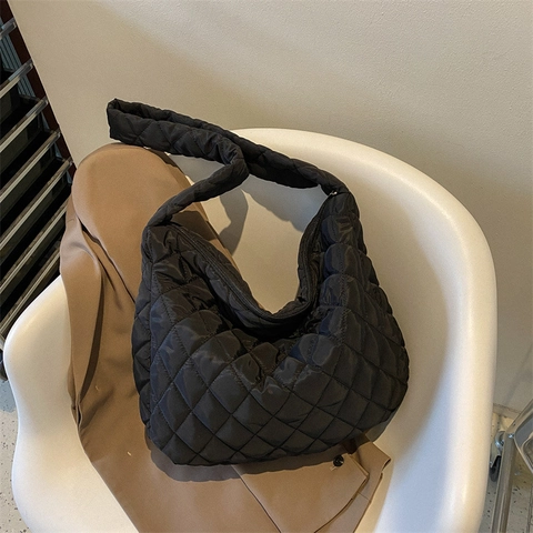 Large Quilted Crossbody Bag For Women Solid Color Diamond Lattice Padding Hobo Shoulder Bag Lightweight Puffer Cloud Bag For Commuting