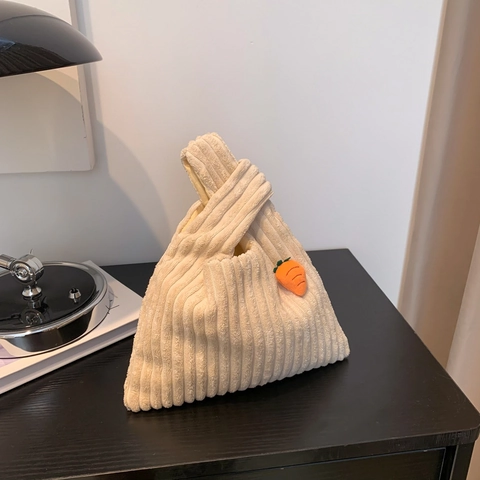 Women Vintage Corduroy Knot Handbag With Cute Carrot Decor Casual Striped Portable Wrist Bag Minimalist Mini Tote Bag