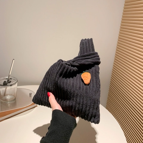 Women Vintage Corduroy Knot Handbag With Cute Carrot Decor Casual Striped Portable Wrist Bag Minimalist Mini Tote Bag