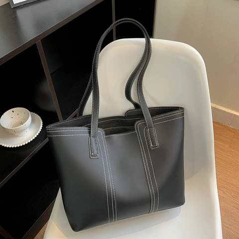 Borsa Tote Grande Vintage Pelle PU Cuciture A Contrasto Donne Borsa A Spalla Casual Ufficio