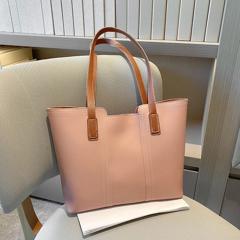 Borsa Tote Grande Vintage Pelle PU Cuciture A Contrasto Donne Borsa A Spalla Casual Ufficio